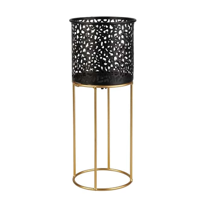 Pflanztopf Mit Ständer - Schwarz/gold - Aus Metall - Ca. 13 X 33 Cm 1 Pflanztopf Mit Ständer - Schwarz/gold - Aus Metall - Ca. 13 X 33 Cm